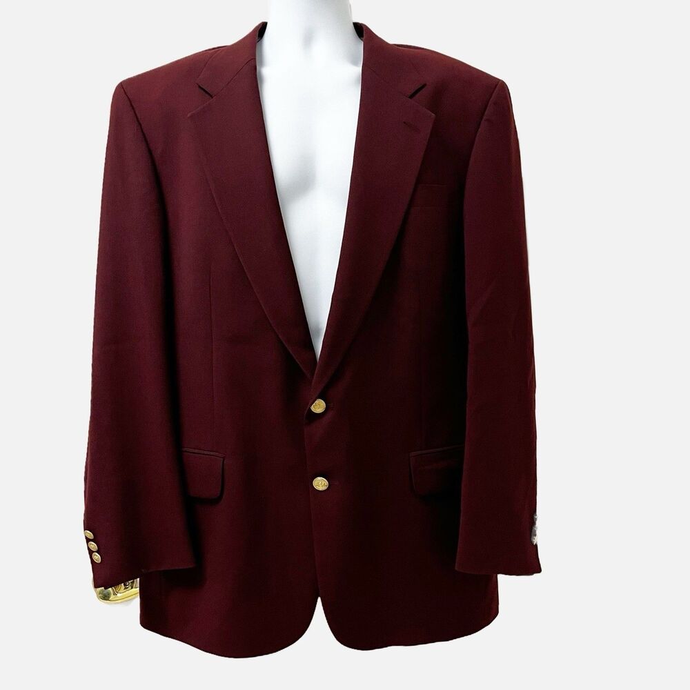 Men’s Stafford Maroon Gold Button 100% Worsted Wool Blazer Size 42L